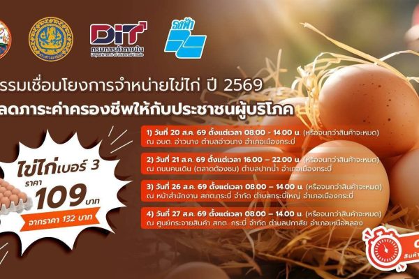 พาณิชย์กระบี่จัดมหกรรมลดค่าครองชีพ ขนไข่ไก่เบอร์ 3 ขายแผงละ 109 บาท!